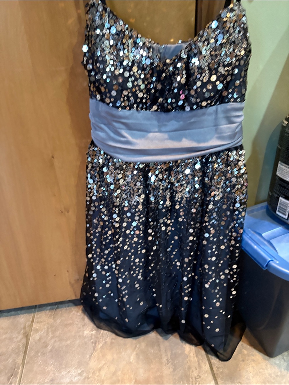 Sparkling Black Sequin Dress with Silver Sash